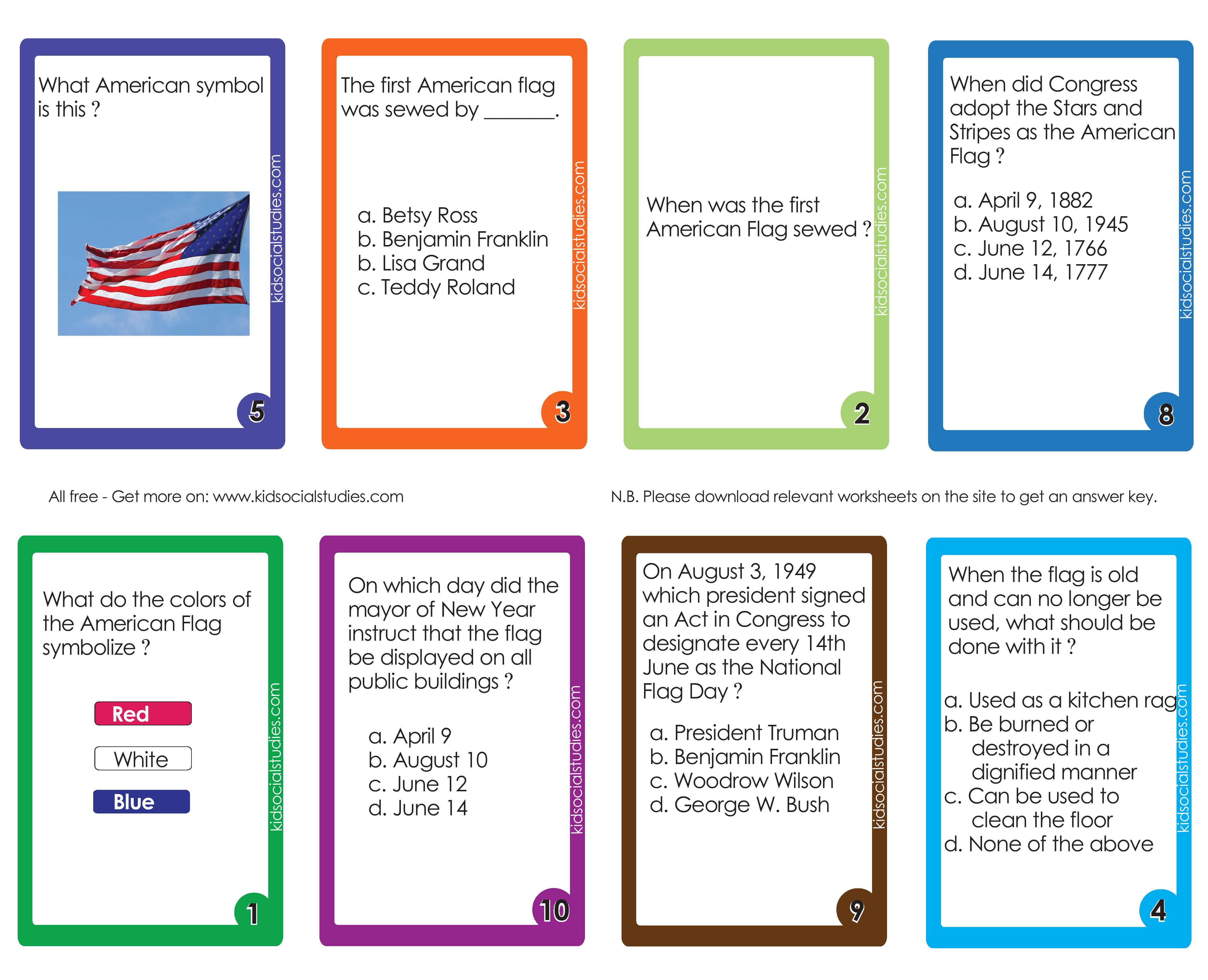The American Flag flash cards. Free printable downloads which teachers can use to teach kids.