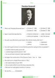 Theodore Roosevelt Worksheet pdf for kids. Learn about some famous facts about him. 