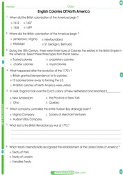 A worksheet for kids about the English Colonies of North America. Pdf test sheet for teachers