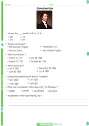 U.S. President James Monroe  worksheet for students.PDF Printable test