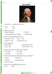 U.S. President John Adams worksheet for students.PDF Printable test