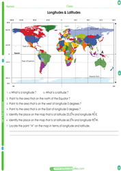 Longitudes and latitudes worksheet for kids. Learn to locate places on a world map using geographic coordinates.