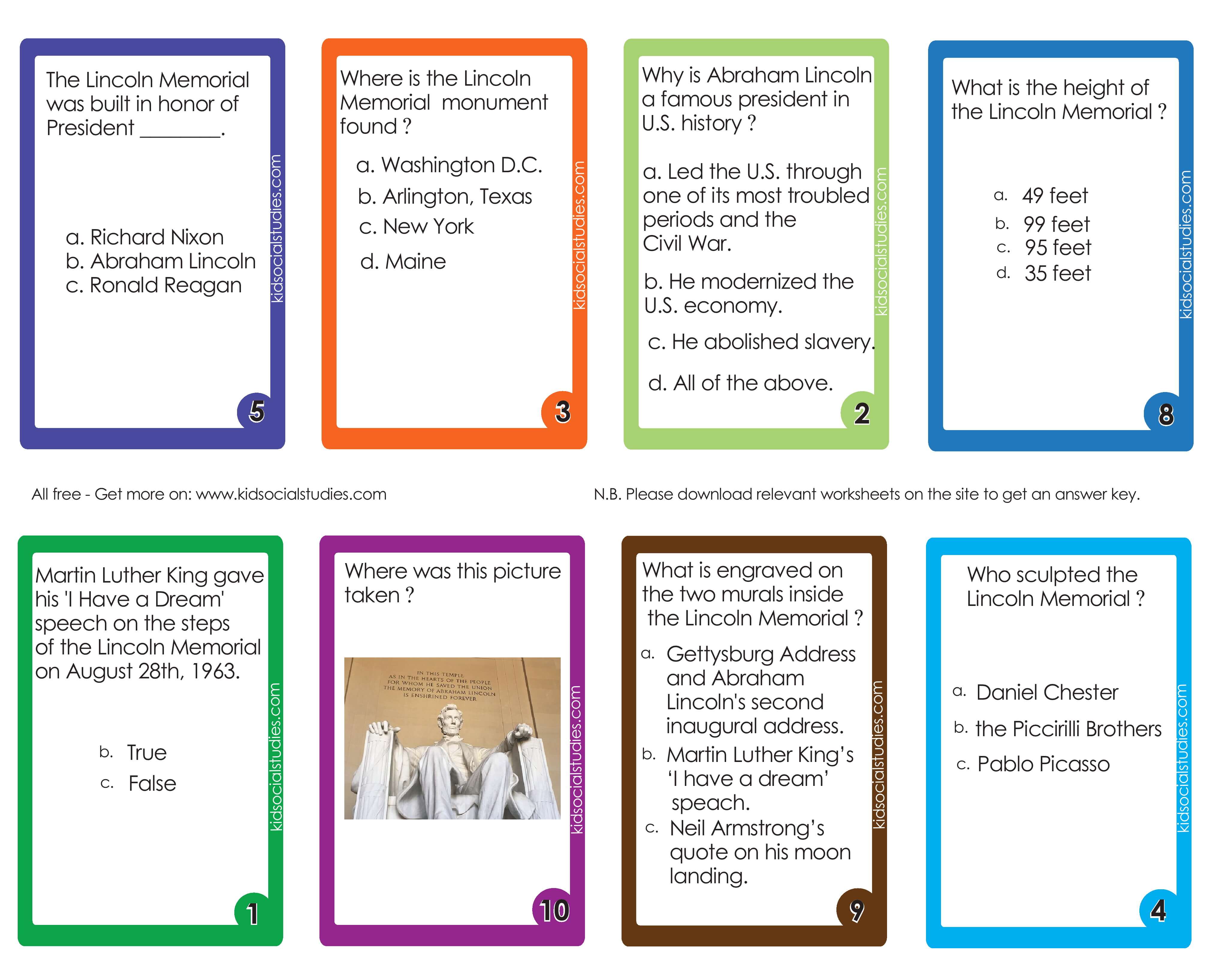 Flash cards for kids to learn about the Lincoln Memorial