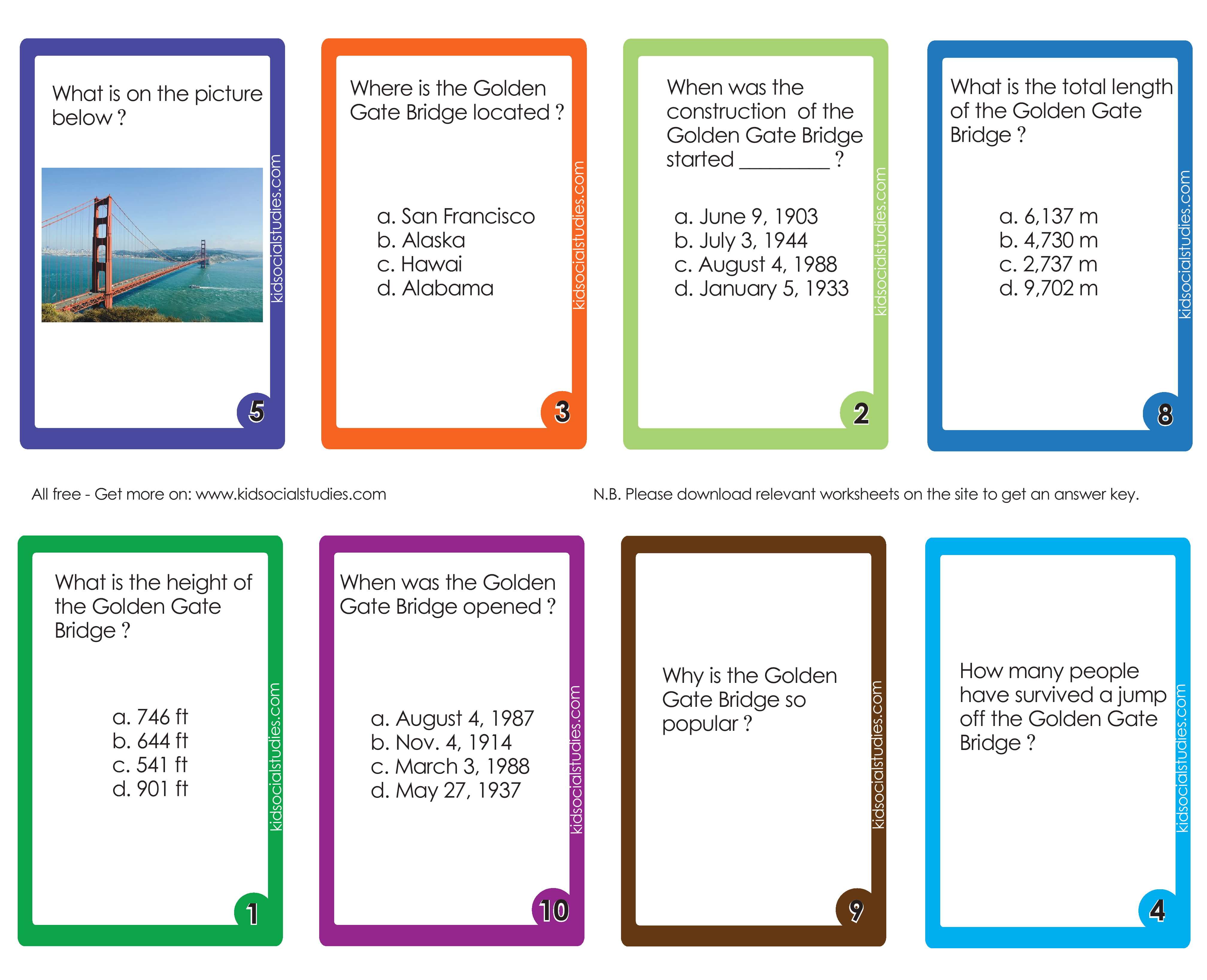 The Golden gate bridge set of flash cards for kids to use to play and review social science skills.