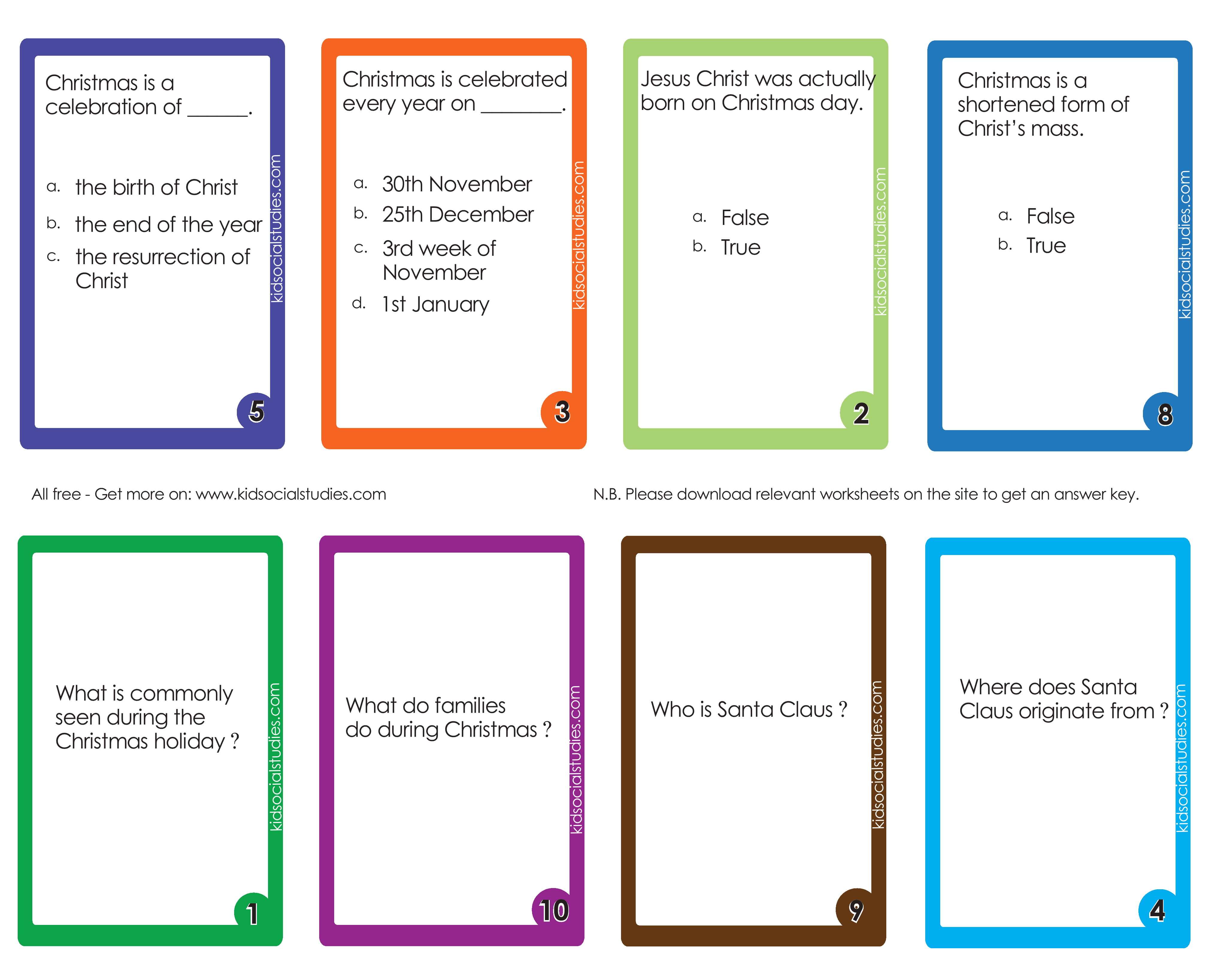 Christmas day celebrations flash cards for kids to review social studies skills.