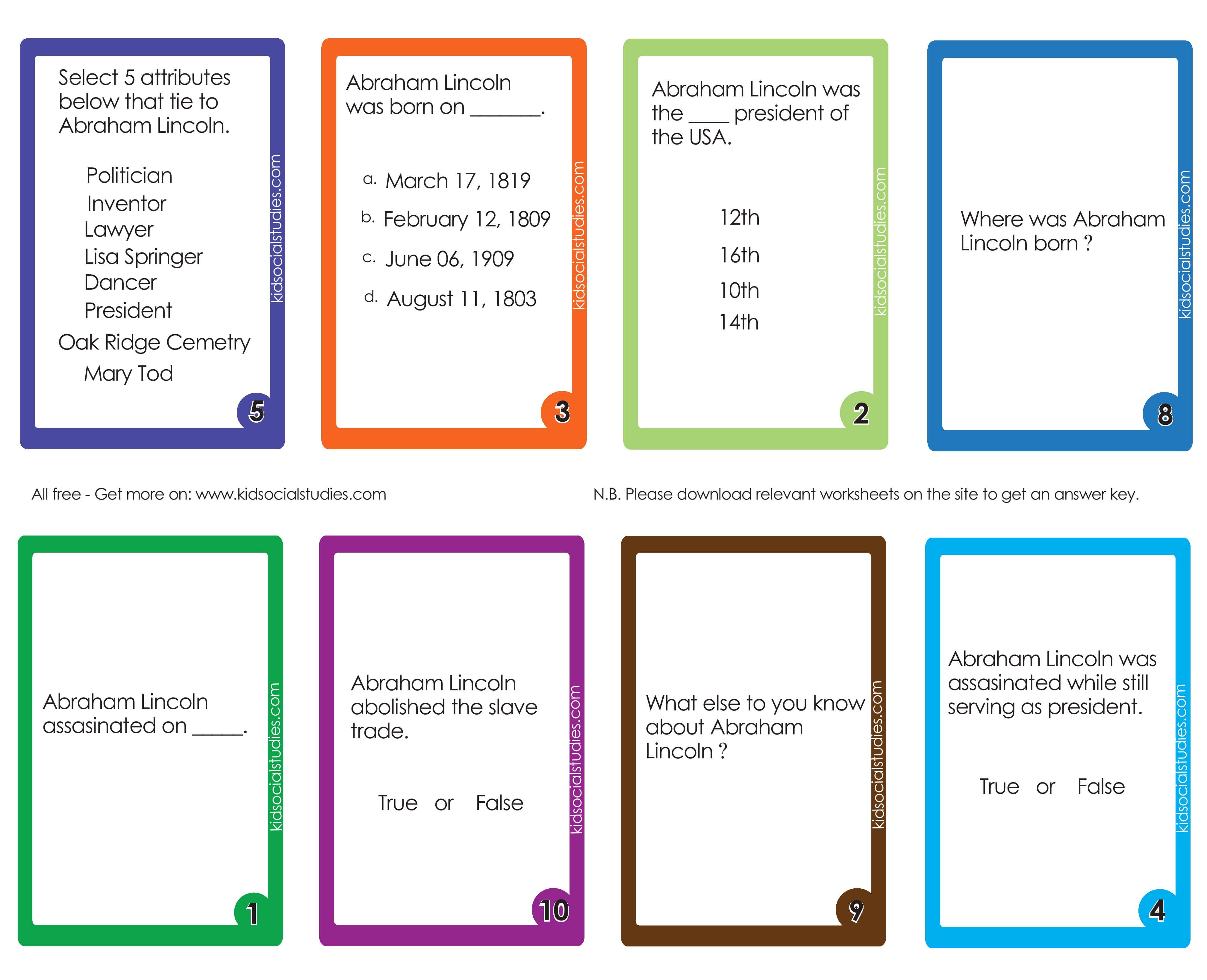 Abraham Lincoln collection of free flash card downloads. Print out and laminate this card set.