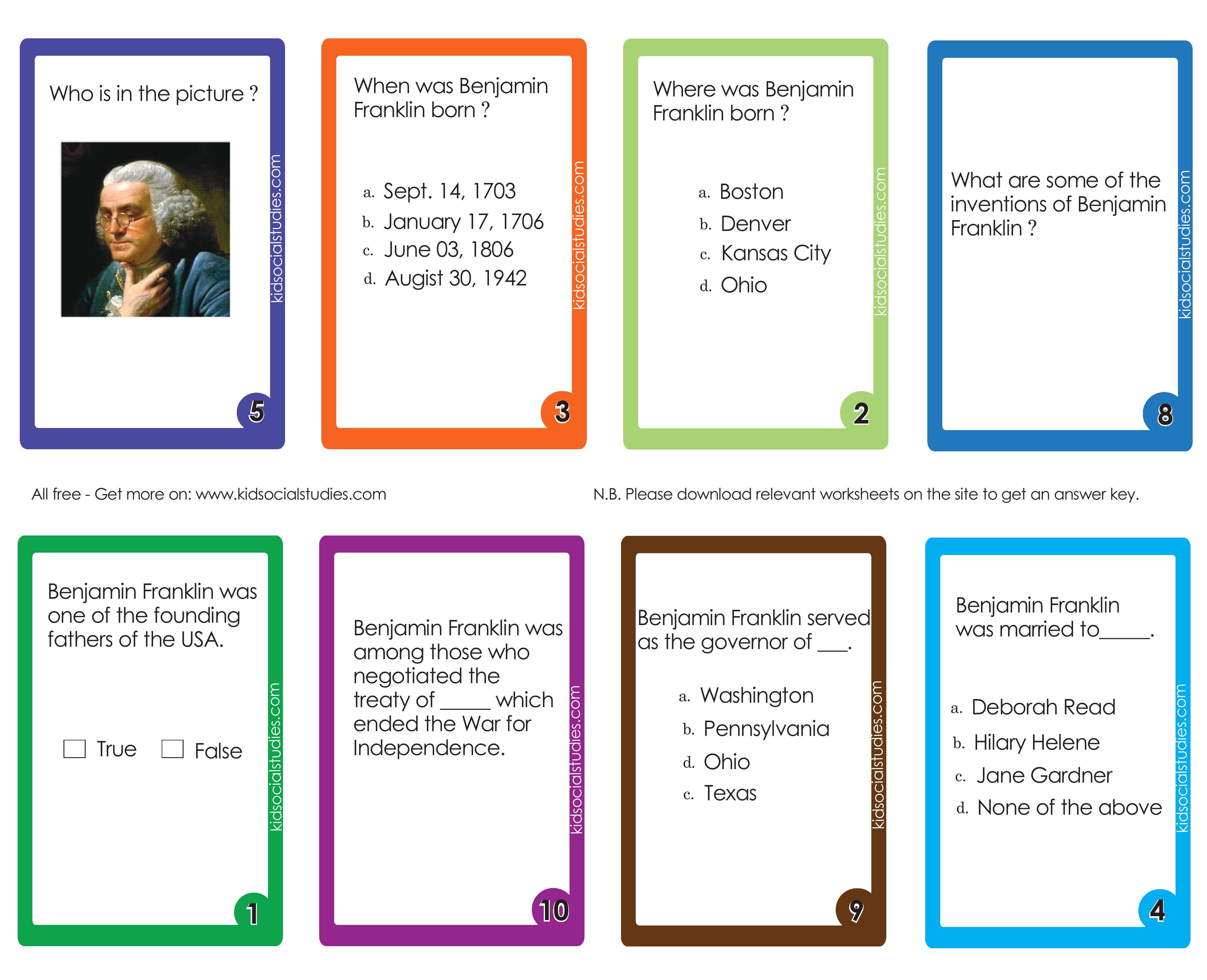 Benjamin Franklin Flash cards for kids to learn some facts about him.