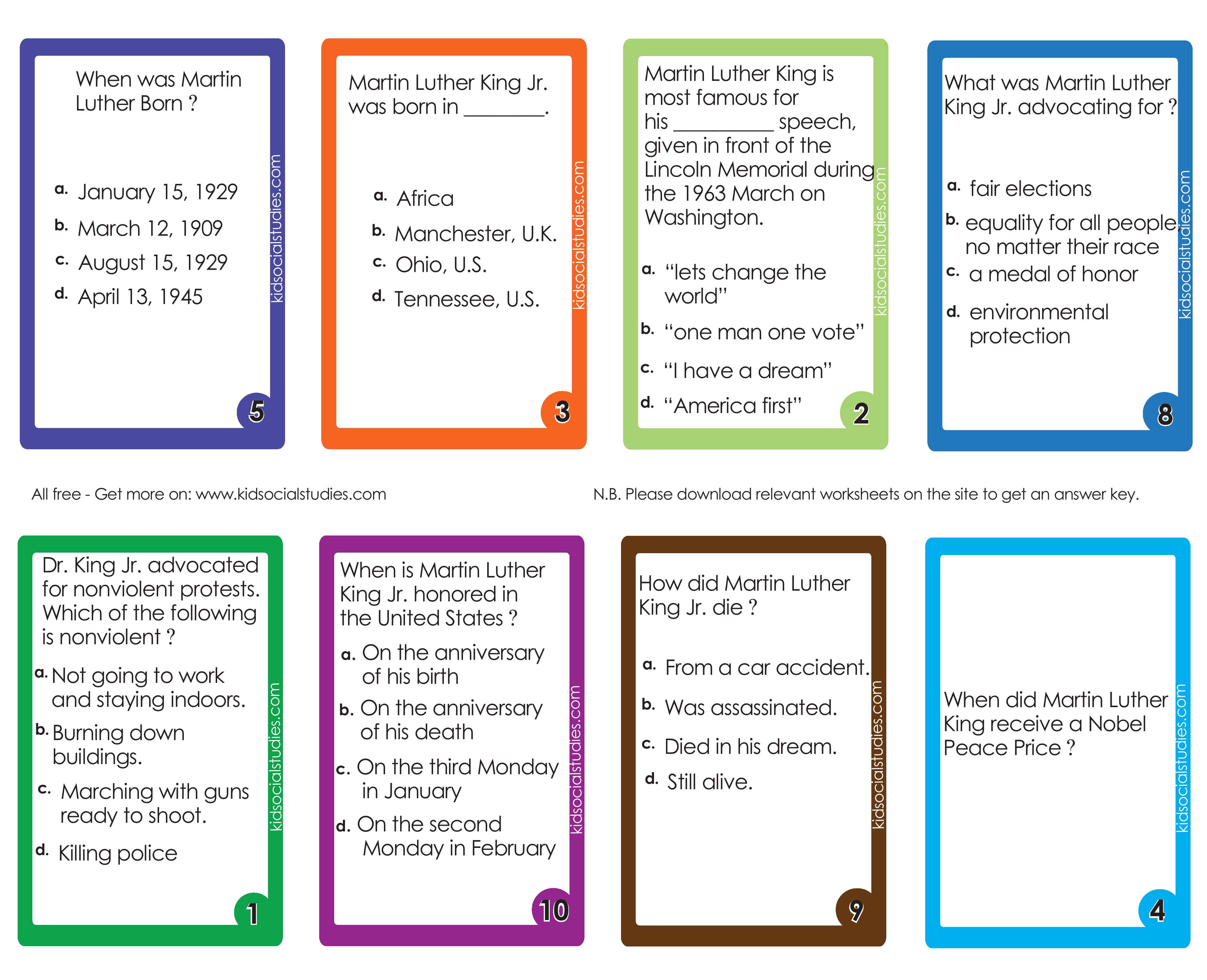 Martin Luther King Junior Flash cards for kids, pdf