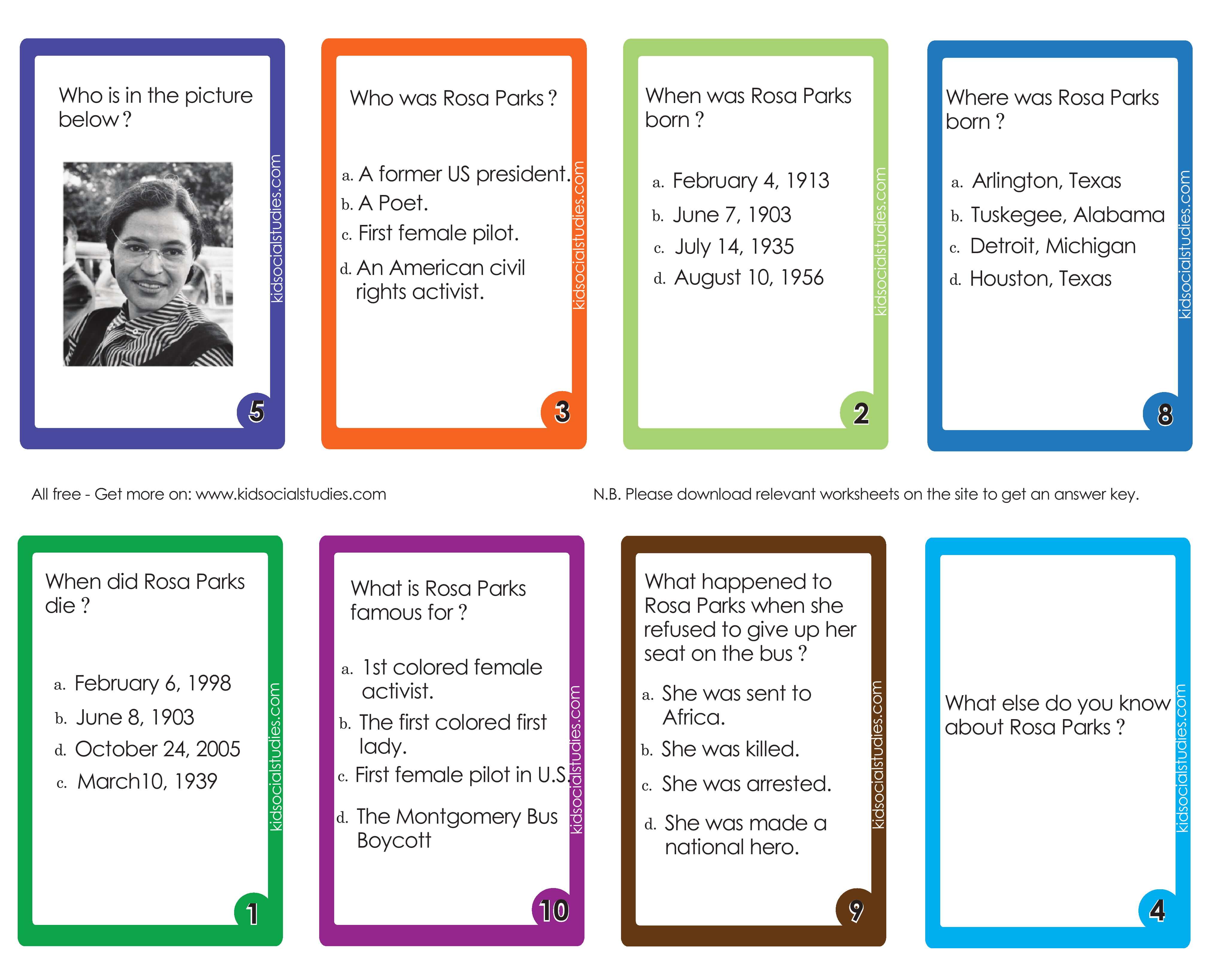 Rosa Parks Flash cards pdf printable for kids