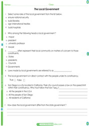 Worksheet for kids about the local government. Learn about government by answering some MCQ's