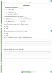 worksheet for kids about Christmas day celebrations in the U.S.A.