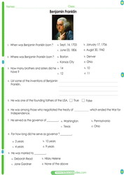 Benjamin Franklin Worksheet for kids. Pdf printable test questions about a great U.S. figure in history.