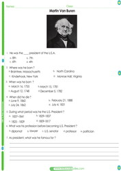 U.S. President Martin Van Buren worksheet for students.PDF Printable test