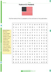 A printable puzzle about U.S. presidents for kids. Find the names of presidents in a word search puzzle  