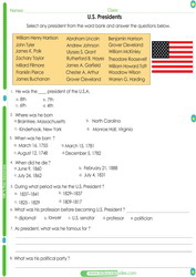 U.S.A. presidents and their backgrounds and achievements. Printable worksheet for kids